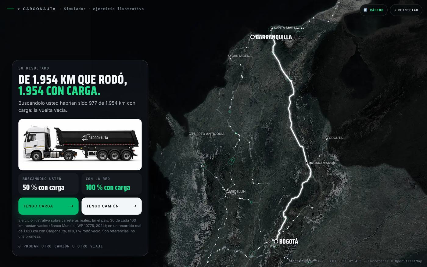 Pantalla del simulador de Cargonauta con el resultado de un viaje: 100 % de los kilómetros con carga